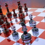 red and White Chess Board and Glass Pieces